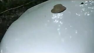 Girl shitting on a white car hood