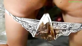 Dirty shit covered panty and poop licking