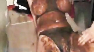 Big boobs lady smearing poop while toyed by huge dildo