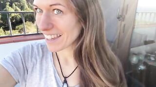 Green eyes babe poops in the balcony