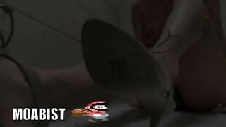 Woman in high heels takes a huge shit on the tiled floor