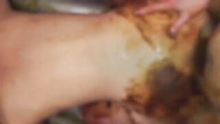 Woman eats shit from her ass in a bowl