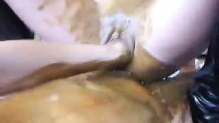 Smearing shit on her big tits before riding cock