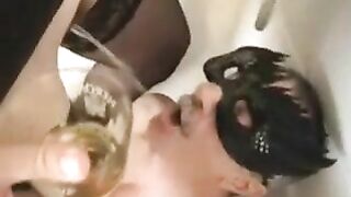 Naughty slave eating fresh poop of sexy mistress