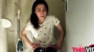Woman takes a huge shit while sitting on the toilet