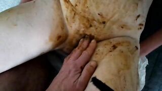 Busty shit covered girlfriend gives nice handjob
