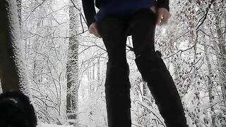 Pooping in the snowy forest
