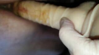 Smearing poop while getting big toy in her ass