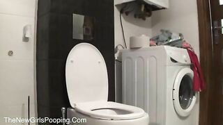 Fantastic brunette girl pooping nicely at home