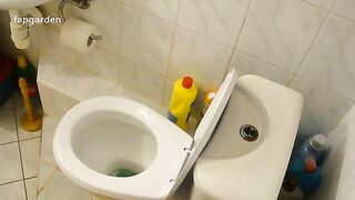 Brunette tattooed babe poops in the toilet