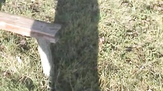 Young hot blonde lady poops in the forest