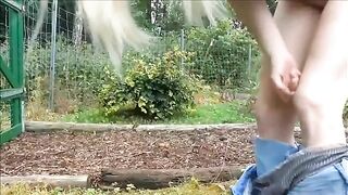 Sweet blonde girl pooping in the farm
