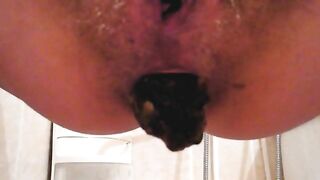 Hairy wife spread legs for poop show