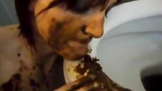 Woman eats shit out of the toilet