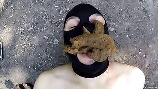 Thick messy poop on masked slave