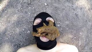 Thick messy poop on masked slave