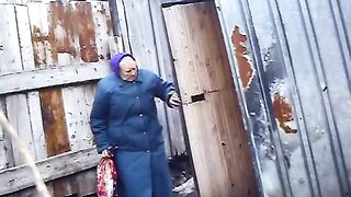 Russian Granny poops outdoor
