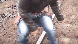 Amateur lady pooping on the train tracks