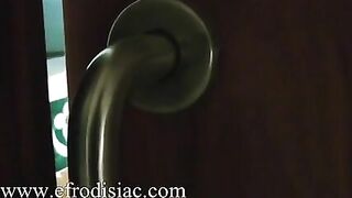 Naked blonde babe poops in the toilet