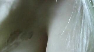 Naked blonde babe poops in the toilet