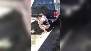 BBW slut pooping behind the truck