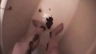 Asian mommy shitting diarrhea on her legs