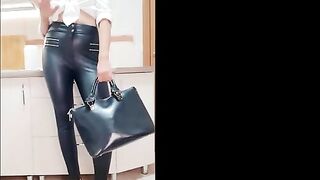 Brunette masked girl eating her tasty shit