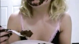 Dirty girl in mask eating her shit