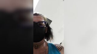 Woman takes a huge shit through her fishnet stockings