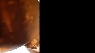 Masked brunette girl poops and eat