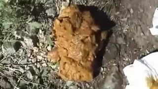 Chubby girl pooping in nature