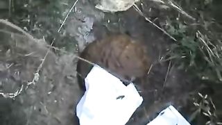 Chubby girl pooping in nature