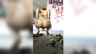 Girl in bikini squats to take a huge shit on the floor
