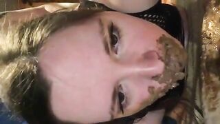 Cute brunette chick with big tits eating shit