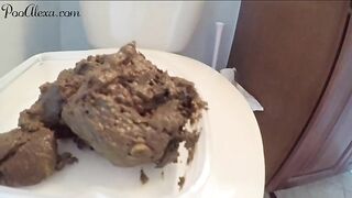 Busty woman takes a huge shit in a white bowl