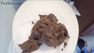 Busty woman takes a huge shit in a white bowl