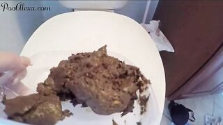 Busty woman takes a huge shit in a white bowl