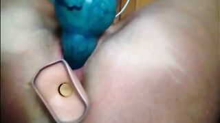 Lady masturbates and dildo fucking