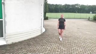 Blonde busty teasing and pooping outdoor