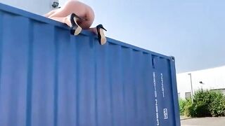 Naughty lady pooping from the container