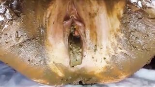 Skinny blonde girl smearing shit on her pussy