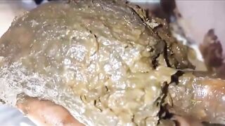 Skinny blonde girl smearing shit on her pussy