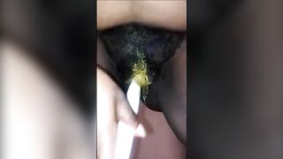 Black hairy pussy lady smearing green shit