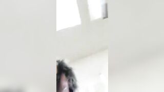 Girl with fishnet stockings poops into a toilet