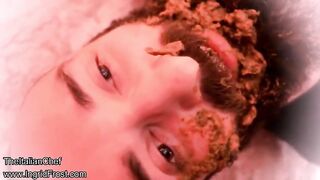 Pretty scat queen girl poops on handsome slave