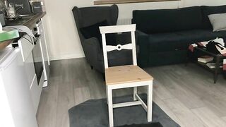 Brunette lady with smooth ass shitting on the chair