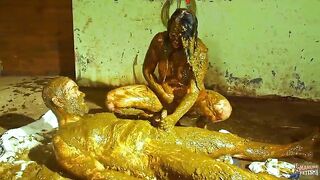 Horny girlfriend enjoying sex in the cowshit