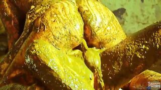 Horny girlfriend enjoying sex in the cowshit