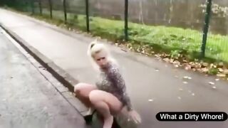 Stunning blonde girl dropping shit on the road