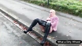 Stunning blonde girl dropping shit on the road